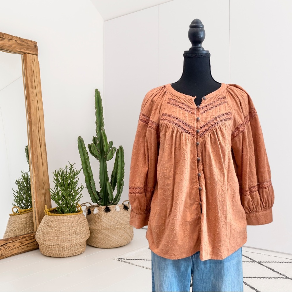 By Anthropologie Harmony Button Down Front Crochet Inset Puff Sleeve Top